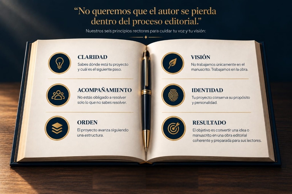 Libro abierto con los seis principios editoriales de Editorial Sembradores de Vida y bolígrafo central